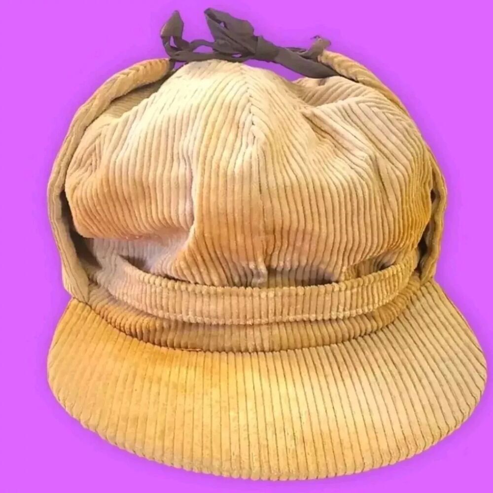 Vntg Women's Corduroy Newsboy Retro Hat with Ribbon Brown Made In USA Size 7 1/4